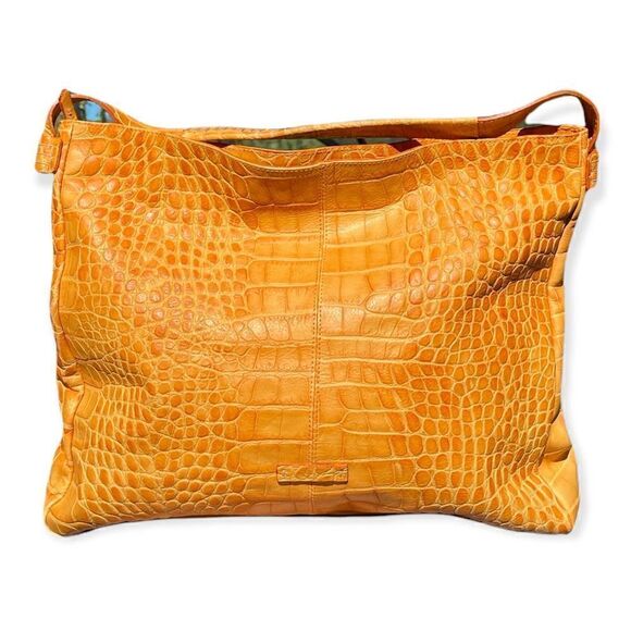 Jenrigo Orange Leather Embossed Crocodile Prototype Large Square Tote Satchel - Picture 1 of 12